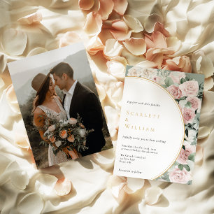 Dusty Rose Gold Sage Green Vintage Photo Wedding Invitation