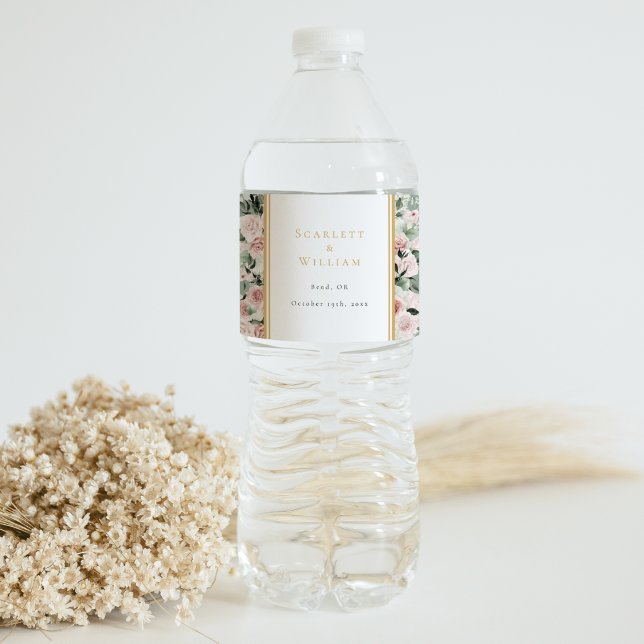 Dusty Rose Gold Sage Green Vintage Wedding Water Bottle Label (Creator Uploaded)