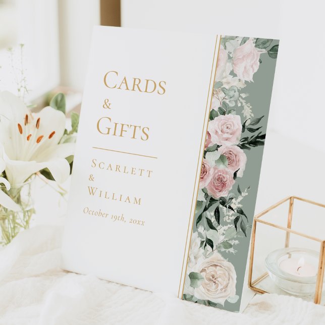 Dusty Rose Gold Sage Green Wedding Cards and Gifts Pedestal Sign (Creator Uploaded)