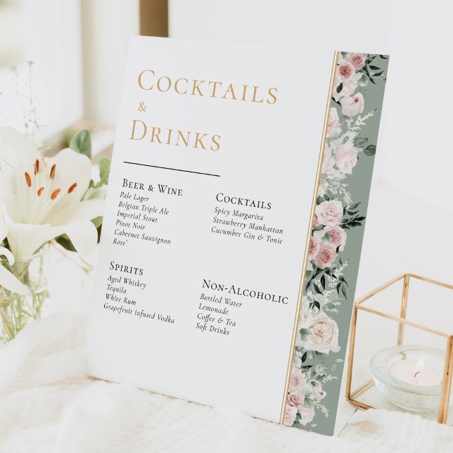 Dusty Rose Gold Sage Green Wedding Drinks Bar Pedestal Sign (Creator Uploaded)