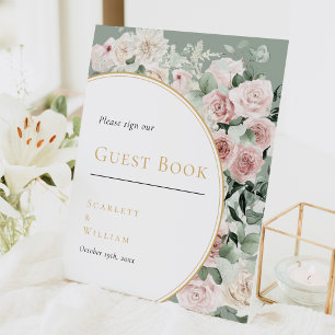 Dusty Rose Gold Sage Green Wedding Guest Book Pedestal Sign