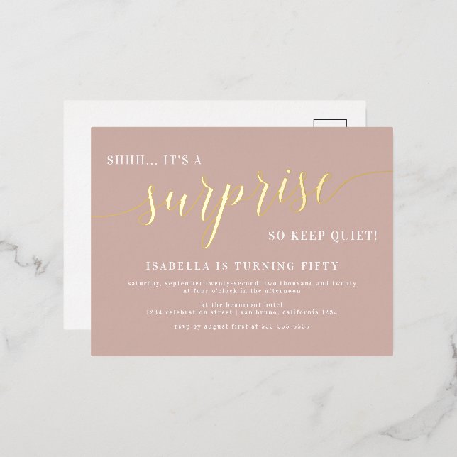 Dusty Rose & Gold Script Surprise Birthday Party Foil Invitation Postcard (Front/Back)