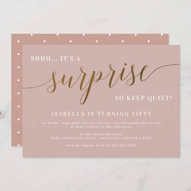 Dusty Rose & Gold Script Surprise Birthday Party Invitation (Front/Back)
