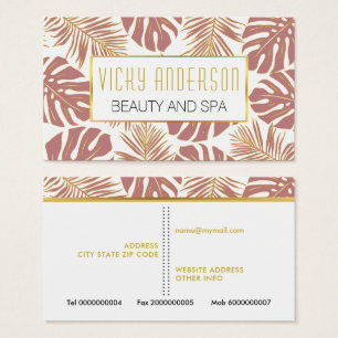 Dusty rose, gold tropical leaves business cards