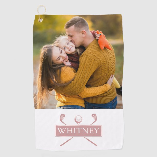 Dusty Rose Golf Clubs And Ball Custom Name Photo Golf Towel (Front)