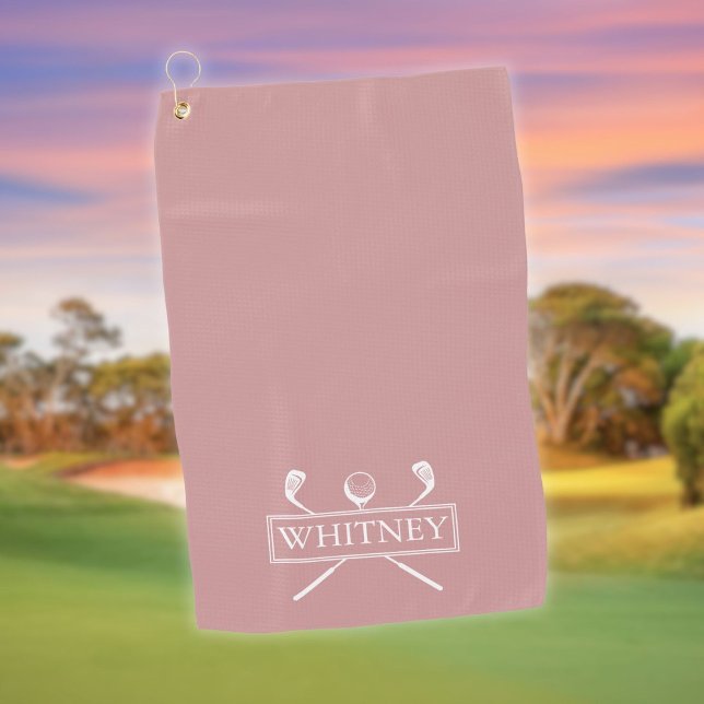 Dusty Rose Golf Clubs And Ball Personalised Name Golf Towel (Dusty Rose Golf Clubs And Ball Personalized Name Golf Towel)