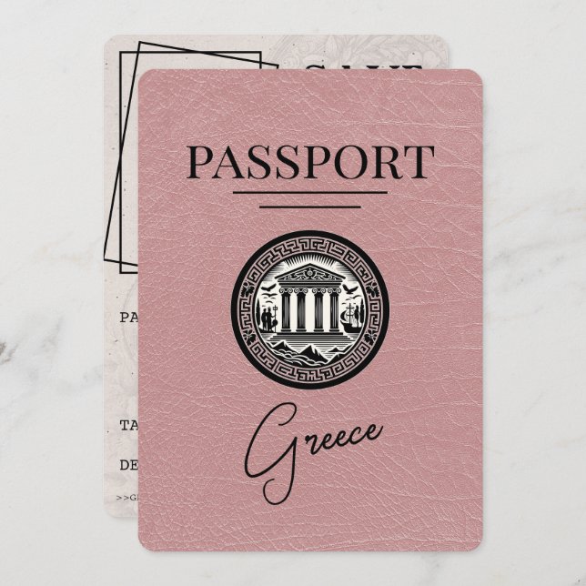 Dusty Rose Greece Passport Save the Date Card (Front/Back)