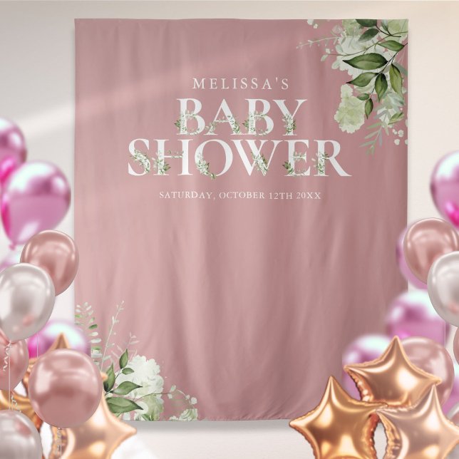 Dusty Rose Greenery Baby Shower Photo Backdrop Tapestry (Dusty Rose Greenery Baby Shower Photo Backdrop)