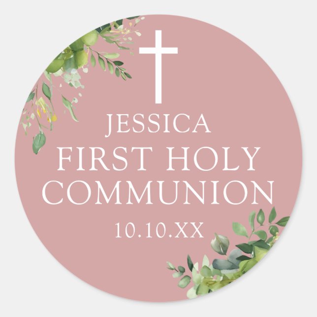 Dusty Rose Greenery First Holy Communion Favour Classic Round Sticker (Front)