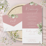Dusty Rose Greenery Floral Details RSVP Wedding All In One Invitation<br><div class="desc">All in one wedding invitation featuring botanical greenery floral falling across elegant calligraphy script typography on a dusty rose pink background. The invitation includes additional guest details and a perforated RSVP card that can be individually addressed or left blank for you to handwrite your guest's address details. Designed by Thisisnotme©...</div>