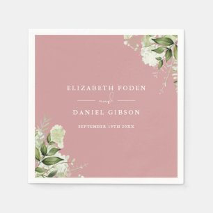 Dusty Rose Greenery Floral Elegant Names Date Napkin