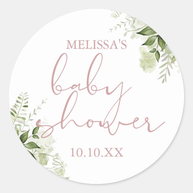 Dusty Rose Greenery Floral Girl Baby Shower Favour Classic Round Sticker (Front)