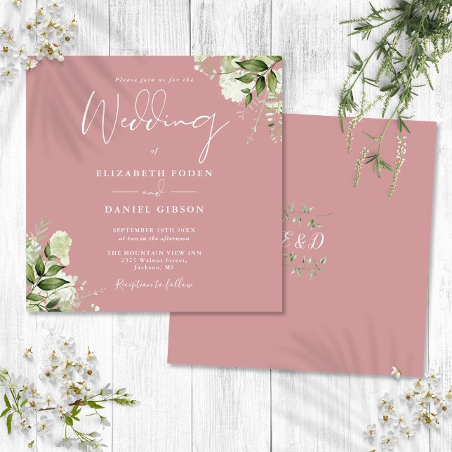 Dusty Rose Greenery Floral Monogram Square Wedding Invitation (Dusty Rose Greenery Floral Monogram Square Wedding Invitation)