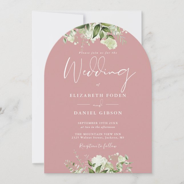 Dusty Rose Greenery Floral QR Code Wedding Arch Invitation (Front)