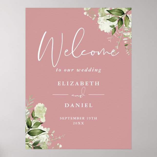 Dusty Rose Greenery Floral Wedding Welcome Sign (Front)