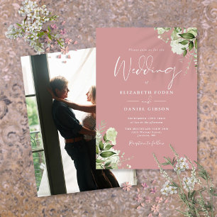 Dusty Rose Greenery Leaves Elegant Photo Wedding Invitation