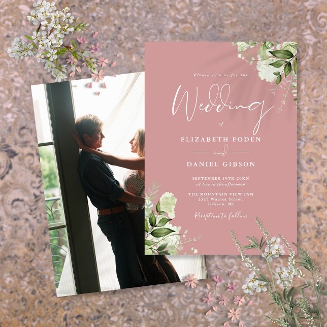 Dusty Rose Greenery Leaves Elegant Photo Wedding  Invitation (Dusty Rose Greenery Leaves Elegant Photo Wedding Invitation)
