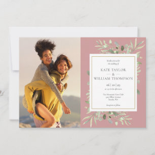 Dusty Rose Greenery Leaves Photo Wedding Invitation