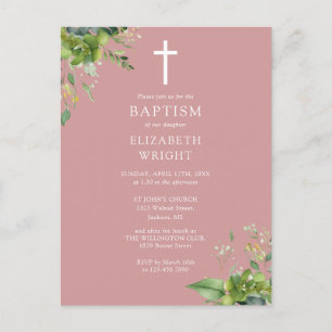 Dusty Rose Greenery Monogram Baptism Invitation Postcard