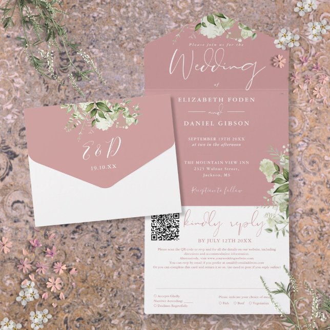 Dusty Rose Greenery Monogram QR Code Wedding All In One Invitation (Dusty Rose Greenery Monogram QR Code Wedding All In One Invitation)