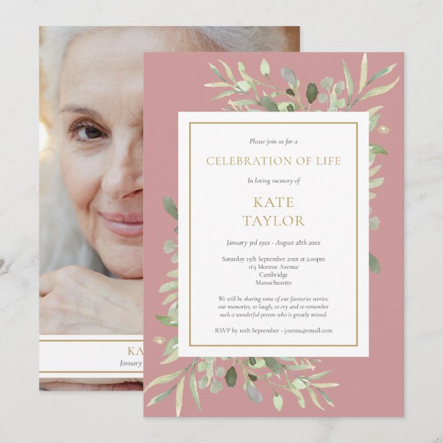 Dusty Rose Greenery Photo Celebration of Life Invitation (Front/Back)