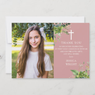 Dusty Rose Greenery Photo First Holy Communion Thank You Card