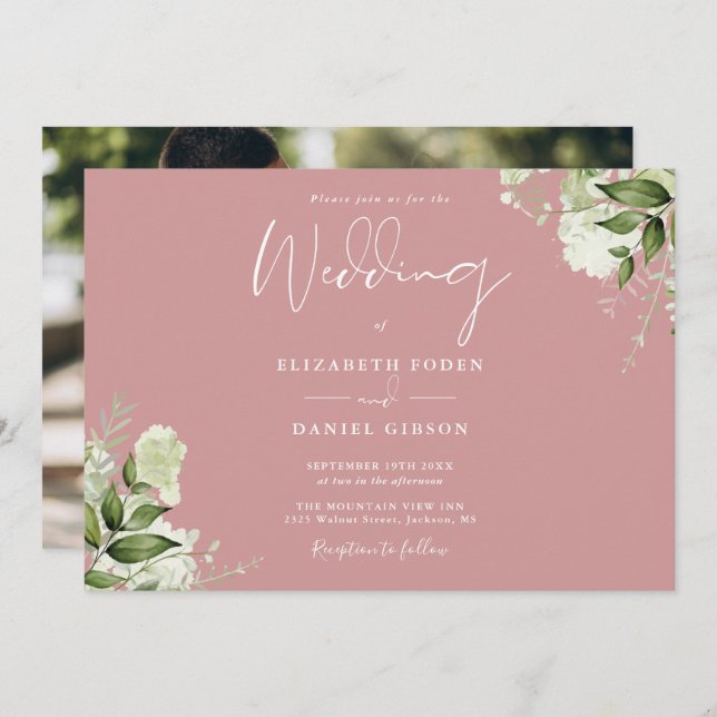 Dusty Rose Greenery Photo Wedding Invitation (Front/Back)