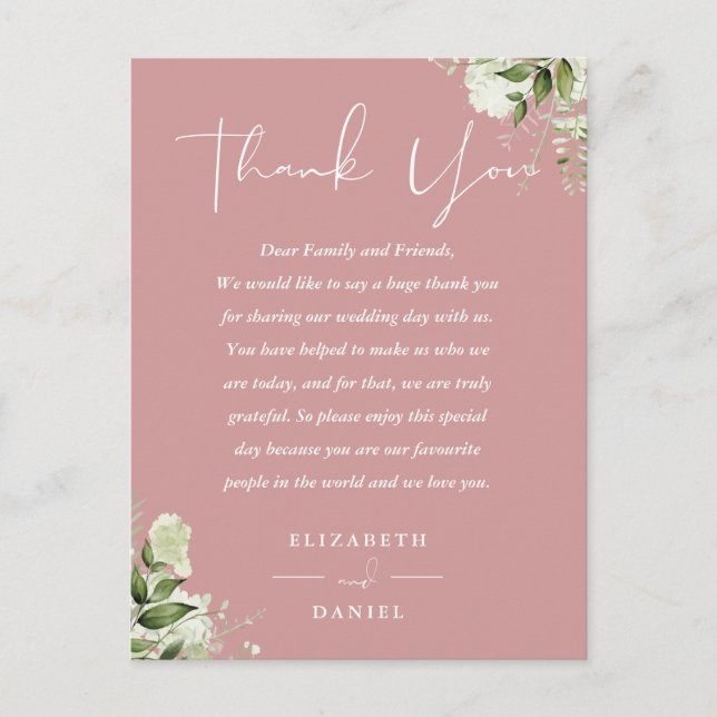 Dusty Rose Greenery Thank You Wedding Place Card (Front)