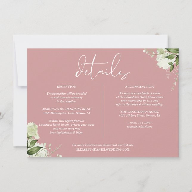 Dusty Rose Greenery Wedding Details Information Invitation (Front)