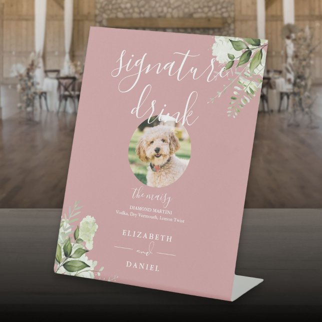 Dusty Rose Greenery Wedding Pet Signature Drink Pedestal Sign (Dusty Rose Greenery Wedding Pet Signature Drink Pedestal Sign)
