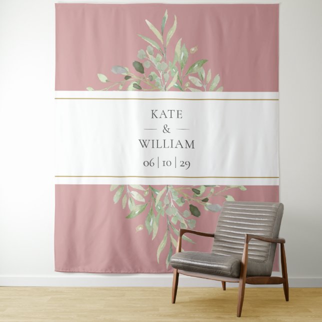 Dusty Rose Greenery Wedding Photo Booth Backdrop Tapestry (In Situ)