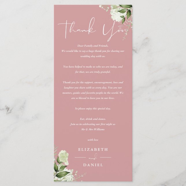 Dusty Rose Greenery Wedding Thank You Place Card (Front)