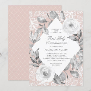 Dusty Rose Grey Floral Lace First Holy Communion Invitation