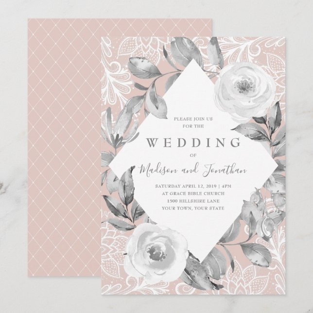 Dusty Rose Grey Floral Lace Wedding Invitation (Front/Back)