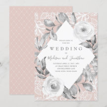 Dusty Rose Grey Floral Lace Wedding Invitation