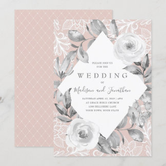 Dusty Rose Grey Floral Lace Wedding Invitation