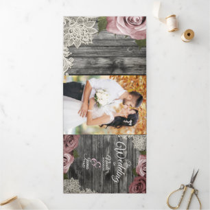 Dusty Rose Grey Wood Trifold Wedding Program