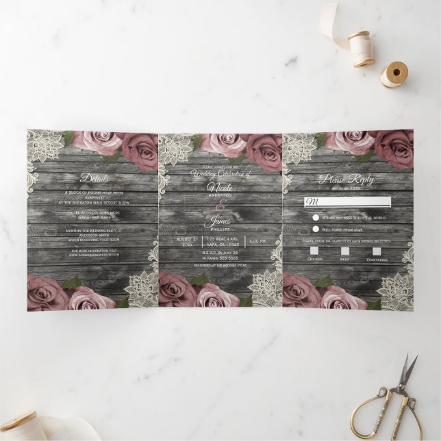 Dusty Rose Grey Wood Trifold Wedding Program (Inside)