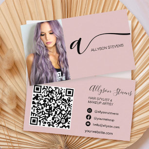 Dusty rose hair makeup photo initial qr code business card
