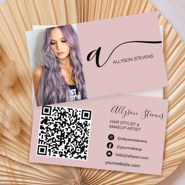 Dusty rose hair makeup photo initial qr code business card (Creator Uploaded)
