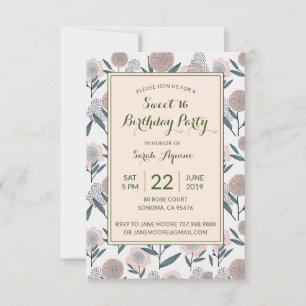 Dusty Rose Hand Drawn Floral Sweet 16 Birthday Invitation