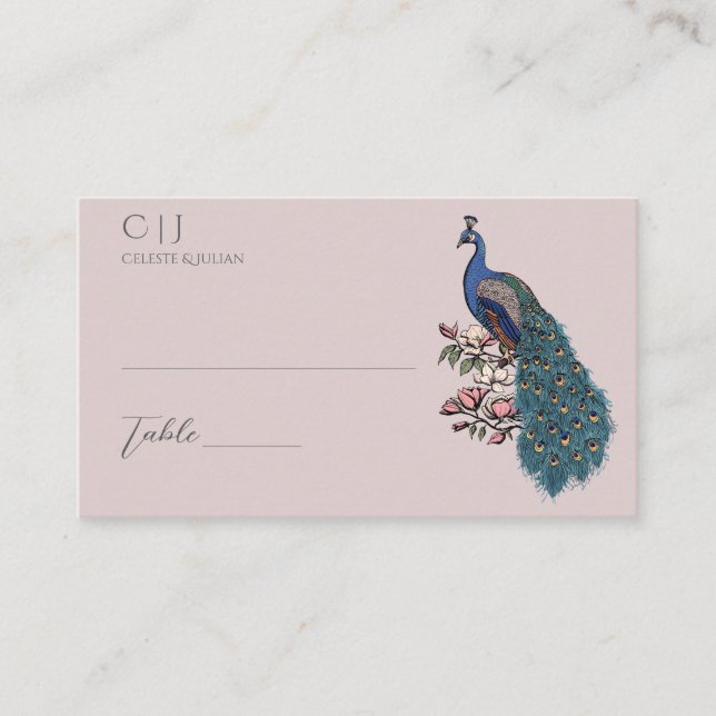 Dusty Rose Hand-Drawn Peacock Wedding Place Card (Front)