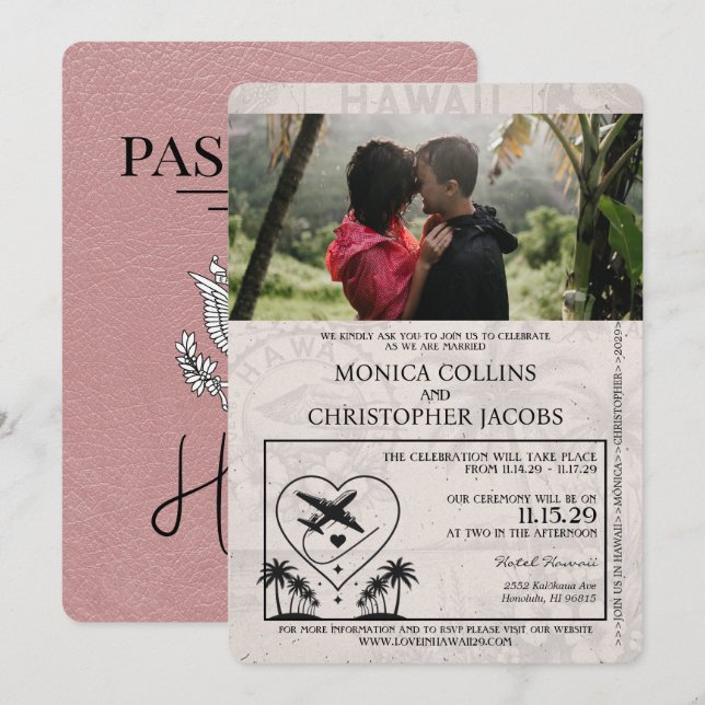 Dusty Rose Hawaii Passport Wedding Invitation (Front/Back)