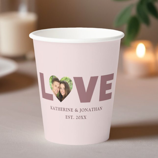 Dusty Rose Heart Cutout Love Couple Photo  Paper Cups (Personalized Dusty Rose Love Heart Cutout Photo Paper Cup)