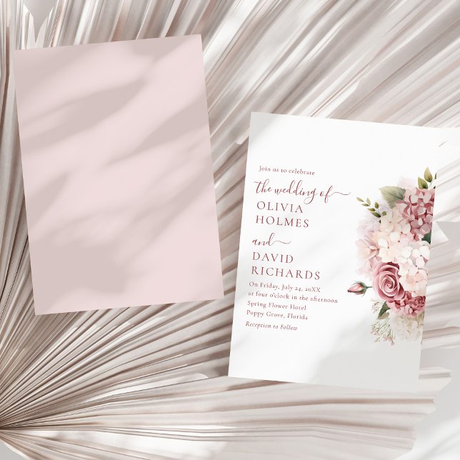 Dusty Rose Hydrangea Floral Wedding Invitation (Boho Chic Dusty Rose Hydrangea Wedding Invitationon a sunny neutral dry palm leaf.)