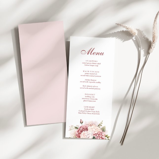 Dusty Rose Hydrangea Wedding Menu Card (Modern Elegant Dusty Rose Hydrangea Wedding Menu on a sunny white table.)