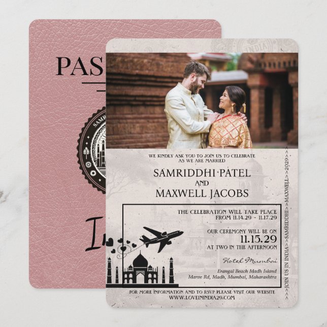 Dusty Rose India Passport Wedding Invitation (Front/Back)