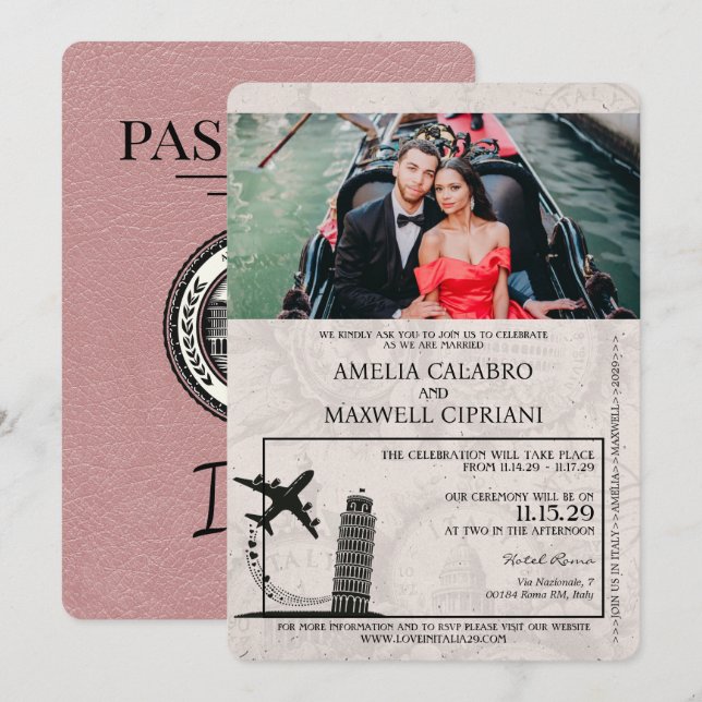 Dusty Rose Italy Passport Wedding Invitation (Front/Back)