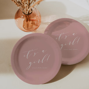 Dusty Rose "It's a Girl" Calligraphy Baby Shower Paper Plate
