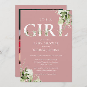 Dusty Rose Its A Girl Greenery Photo Baby Shower Invitation
